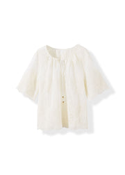 Handmade Apricot O Neck Embroidered Cotton Shirt Fall