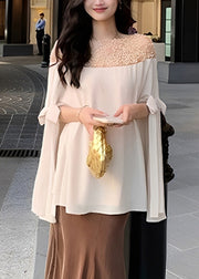 Handmade Apricot Pearl Bow Patchwork Chiffon Top Half Sleeved