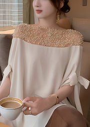 Handmade Apricot Pearl Bow Patchwork Chiffon Top Half Sleeved