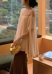 Handmade Apricot Pearl Bow Patchwork Chiffon Top Half Sleeved