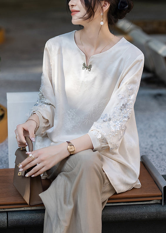 Handmade Apricot Sequins Nail Bead Silk Shirt Fall