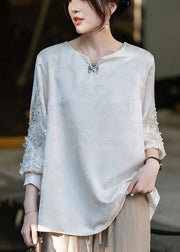 Handmade Apricot Sequins Nail Bead Silk Shirt Fall