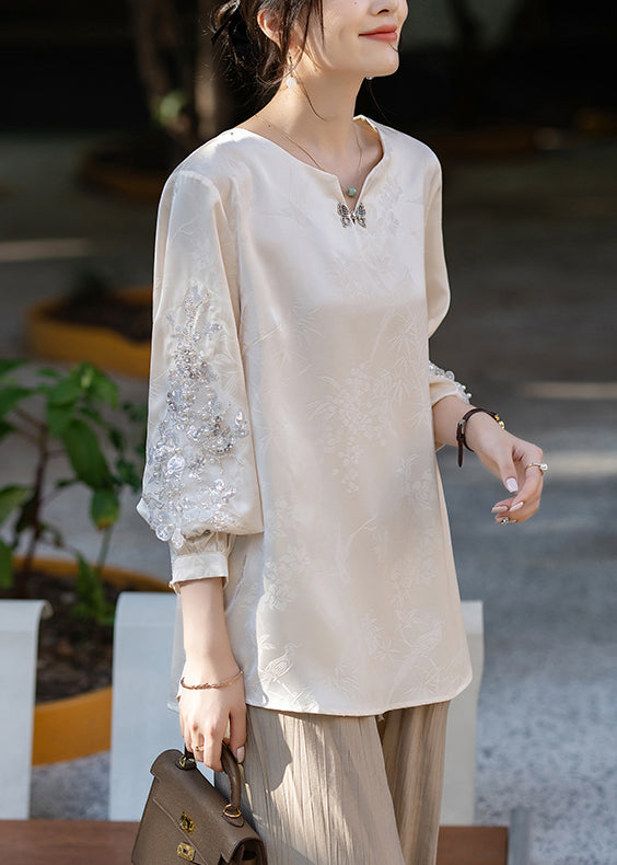 Handmade Apricot Sequins Nail Bead Silk Shirt Fall