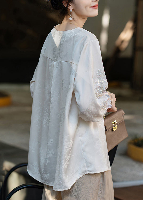Handmade Apricot Sequins Nail Bead Silk Shirt Fall