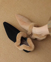Handmade Apricot Suede Flats Shoes Pointed Toe Fuzzy Wool Lined