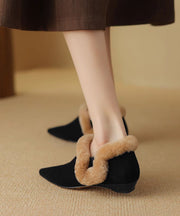 Handmade Apricot Suede Flats Shoes Pointed Toe Fuzzy Wool Lined