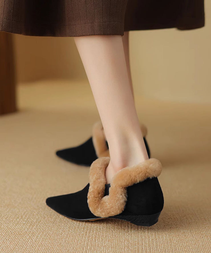 Handmade Apricot Suede Flats Shoes Pointed Toe Fuzzy Wool Lined