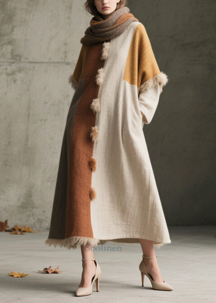Handmade Asymmetrical Patchwork Fuzzy Ball Decorated Dresses Fall