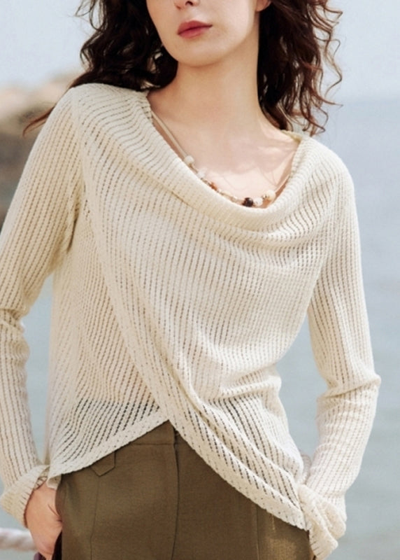 Handmade Beige Asymmetrical Ice Silk Knit Shirt Spring
