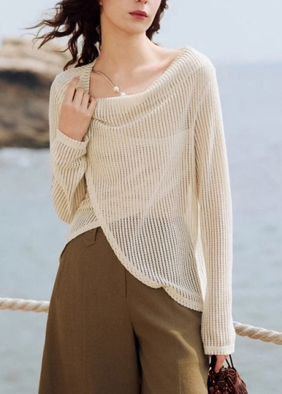 Handmade Beige Asymmetrical Ice Silk Knit Shirt Spring
