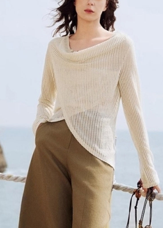 Handmade Beige Asymmetrical Ice Silk Knit Shirt Spring