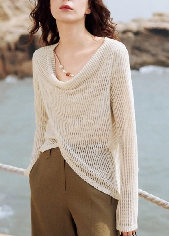 Handmade Beige Asymmetrical Ice Silk Knit Shirt Spring