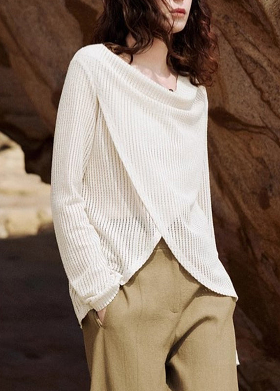 Handmade Beige Asymmetrical Ice Silk Knit Shirt Spring