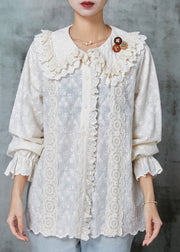 Handmade Beige Embroidered Patchwork Lace Cotton Shirt Spring