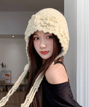 Handmade Beige Flower Thickened Warm Pearl Tassel Knitted Hat