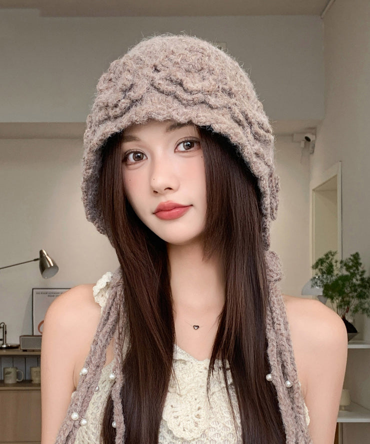 Handmade Beige Flower Thickened Warm Pearl Tassel Knitted Hat