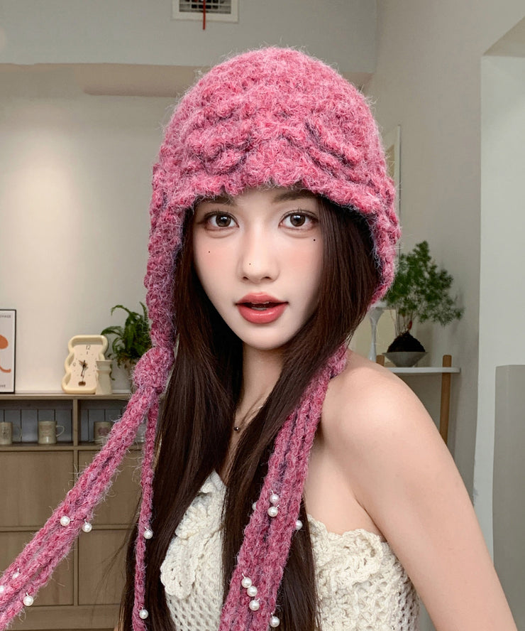 Handmade Beige Flower Thickened Warm Pearl Tassel Knitted Hat
