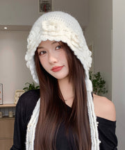 Handmade Beige Flower Thickened Warm Pearl Tassel Knitted Hat