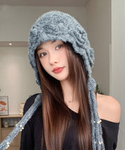 Handmade Beige Flower Thickened Warm Pearl Tassel Knitted Hat