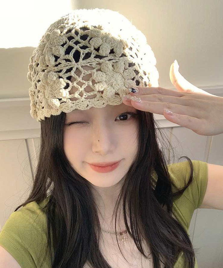 Handmade Beige Hollow Out Floral Knit Boonie Hat