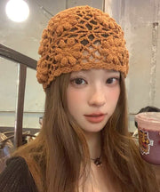 Handmade Beige Hollow Out Floral Knit Boonie Hat