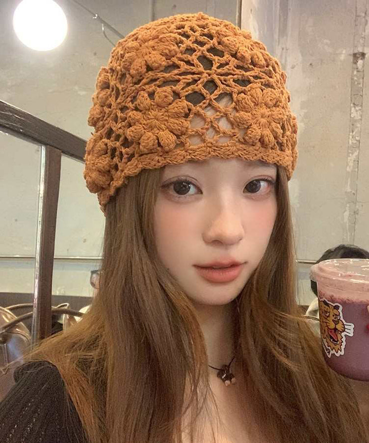 Handmade Beige Hollow Out Floral Knit Boonie Hat