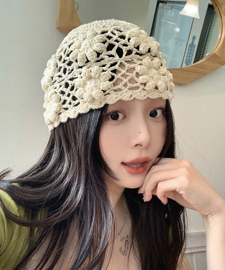 Handmade Beige Hollow Out Floral Knit Boonie Hat