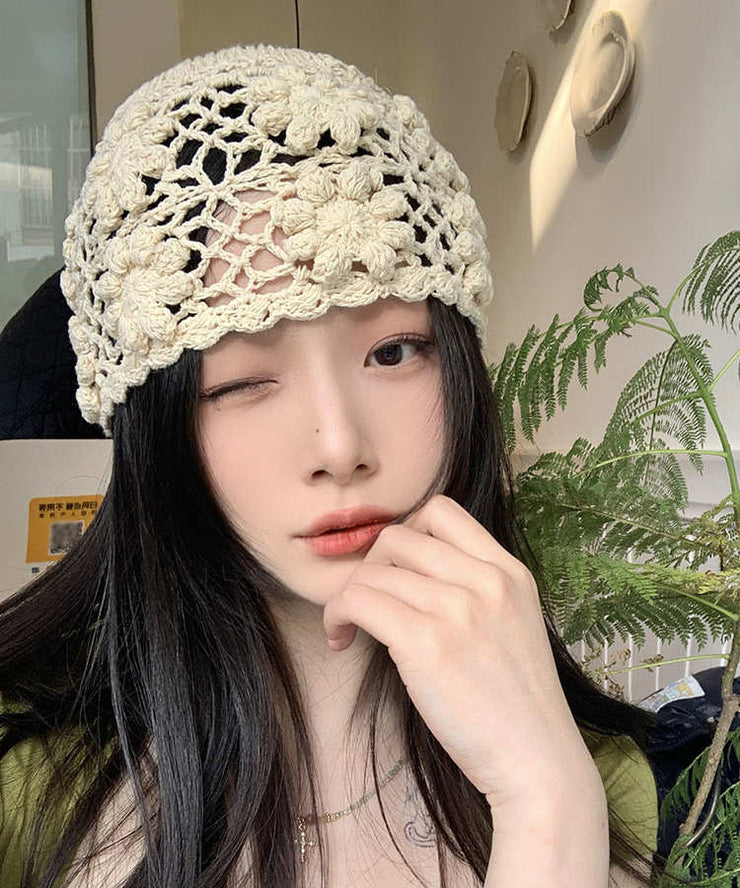Handmade Beige Hollow Out Floral Knit Boonie Hat