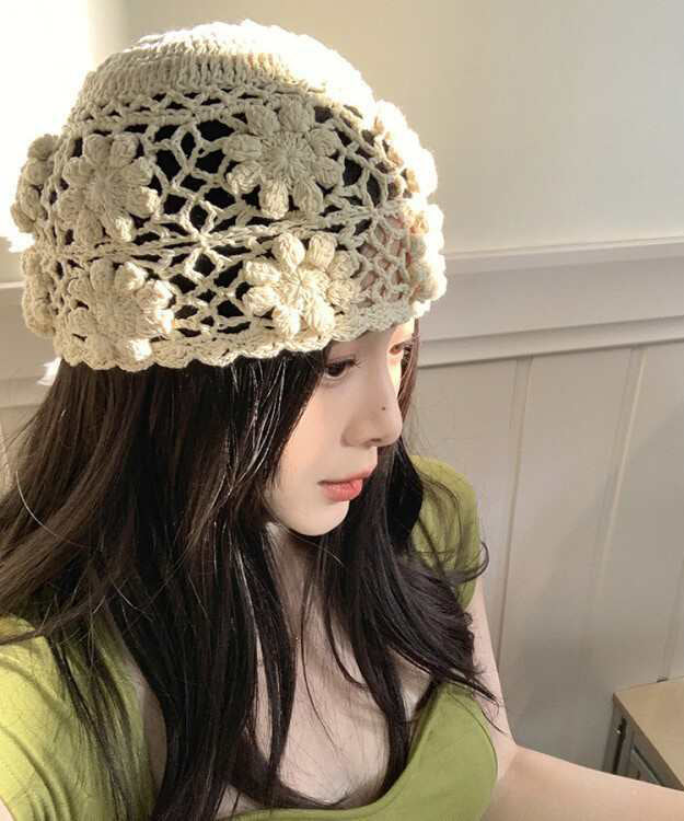 Handmade Beige Hollow Out Floral Knit Boonie Hat