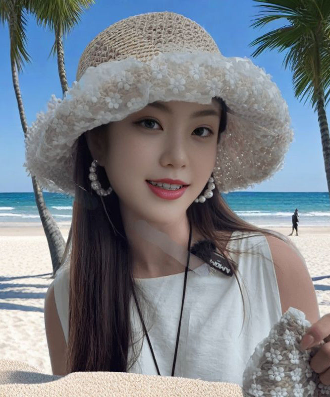Handmade Beige Lace Bow Patchwork Straw Woven Floppy Sun Hat
