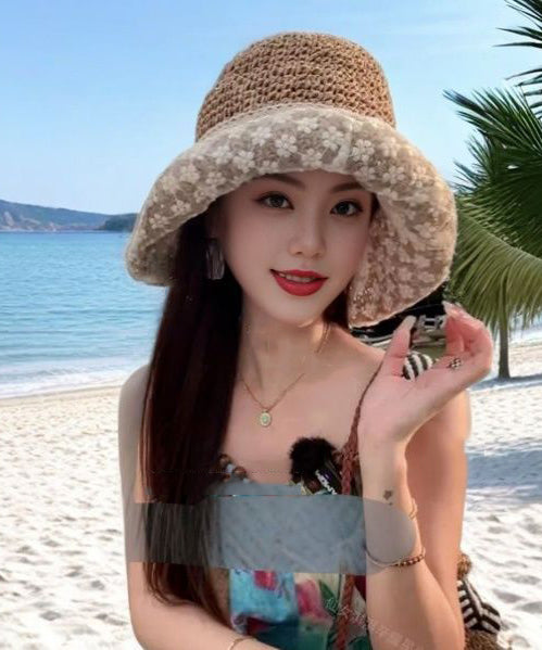 Handmade Beige Lace Bow Patchwork Straw Woven Floppy Sun Hat