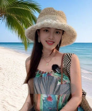Handmade Beige Lace Bow Patchwork Straw Woven Floppy Sun Hat