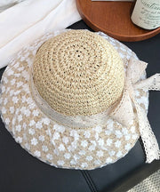Handmade Beige Lace Bow Patchwork Straw Woven Floppy Sun Hat