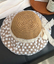Handmade Beige Lace Bow Patchwork Straw Woven Floppy Sun Hat
