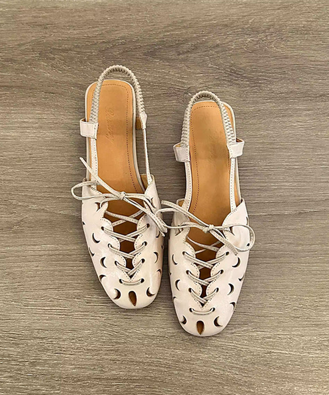 Handmade Beige Lace Up Splicing Hollow Out Sandals