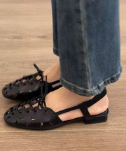 Handmade Beige Lace Up Splicing Hollow Out Sandals