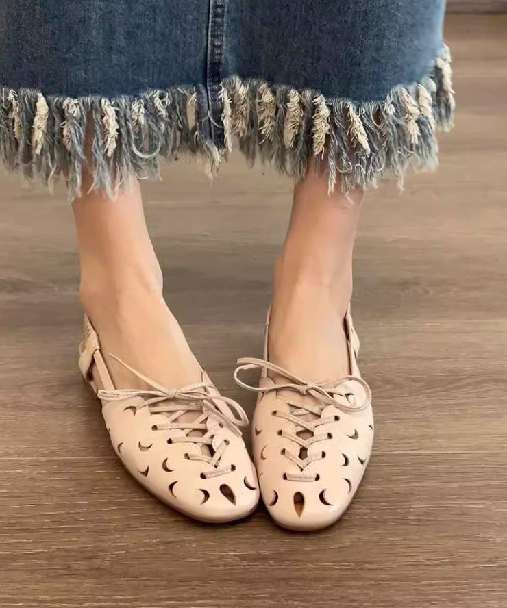 Handmade Beige Lace Up Splicing Hollow Out Sandals