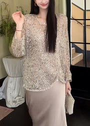 Handmade Beige O Neck Hollow Out Sequins Knit T Shirt Summer