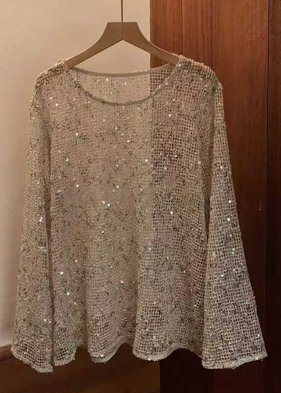 Handmade Beige O Neck Hollow Out Sequins Knit T Shirt Summer