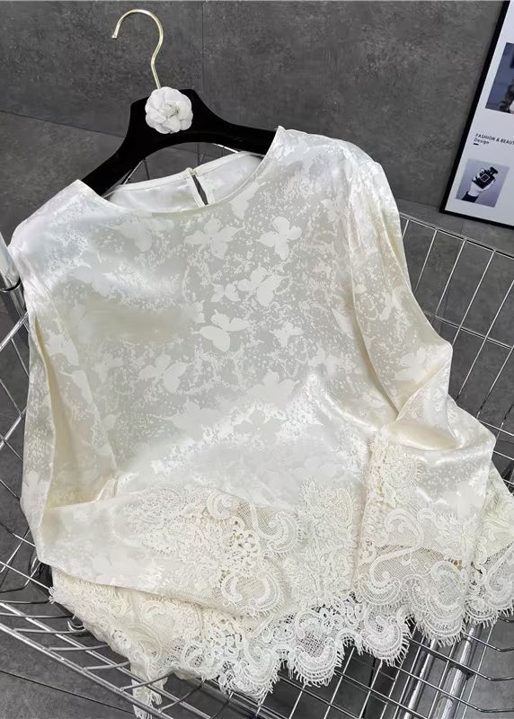 Handmade Beige O Neck Jacquard Lace Patchwork Silk Top Fall