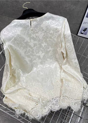 Handmade Beige O Neck Jacquard Lace Patchwork Silk Top Fall
