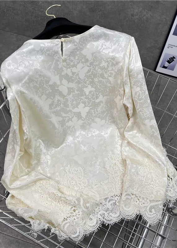 Handmade Beige O Neck Jacquard Lace Patchwork Silk Top Fall