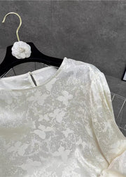 Handmade Beige O Neck Jacquard Lace Patchwork Silk Top Fall