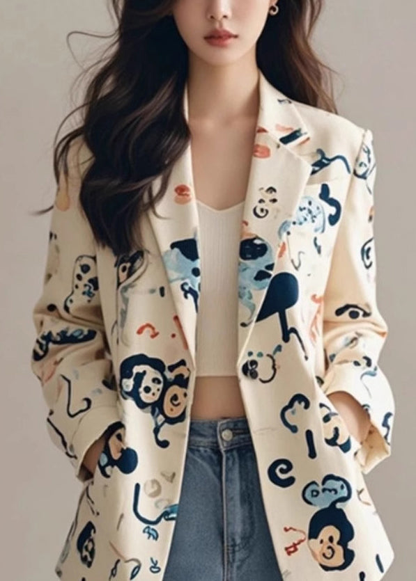 Handmade Beige Peter Pan Collar Pockets Print Suit Coat Fall