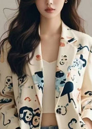 Handmade Beige Peter Pan Collar Pockets Print Suit Coat Fall