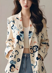 Handmade Beige Peter Pan Collar Pockets Print Suit Coat Fall