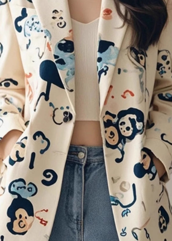 Handmade Beige Peter Pan Collar Pockets Print Suit Coat Fall