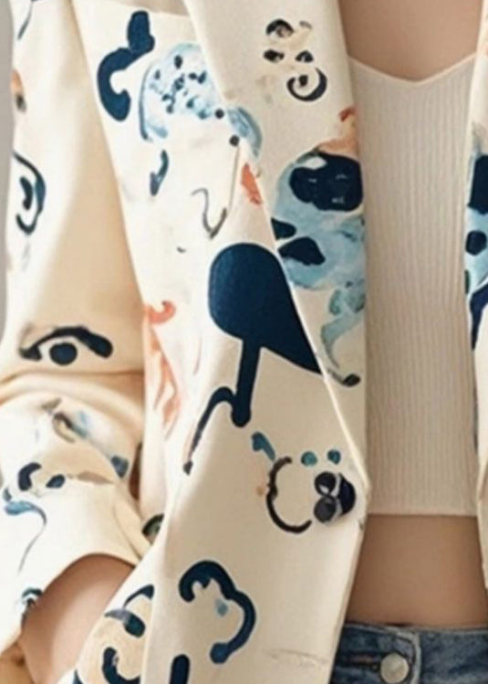 Handmade Beige Peter Pan Collar Pockets Print Suit Coat Fall