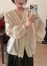 Handmade Beige Ruffled Patchwork Tops Lantern Sleeve