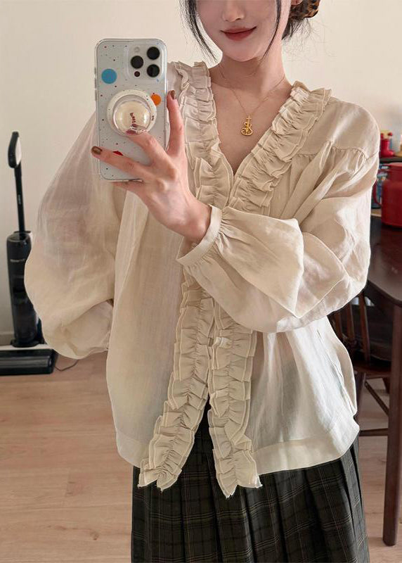 Handmade Beige Ruffled Patchwork Tops Lantern Sleeve
